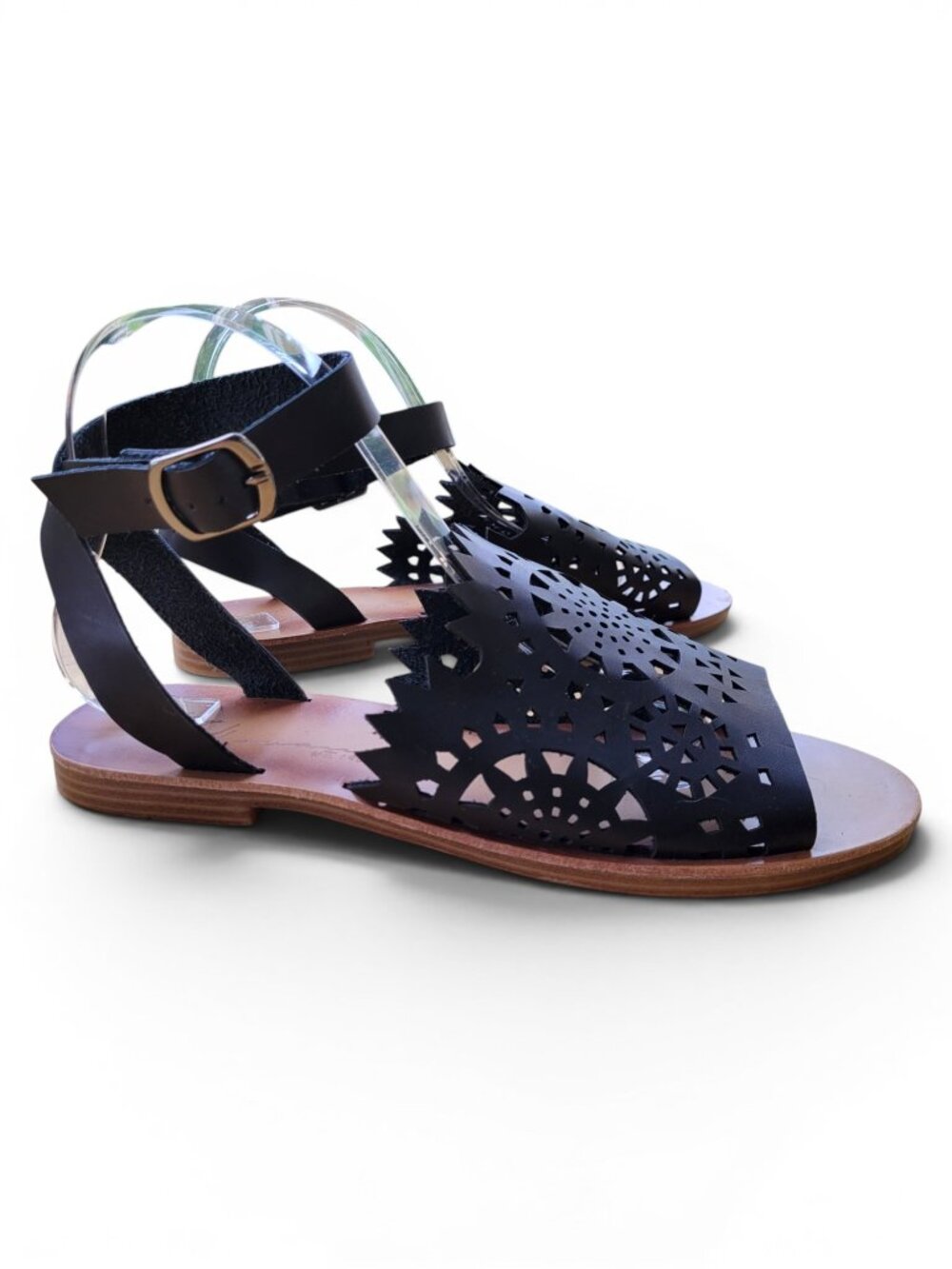 Vintage Havana Black Bambi Perforated Ankle Strap Flat Gladiator Sandals